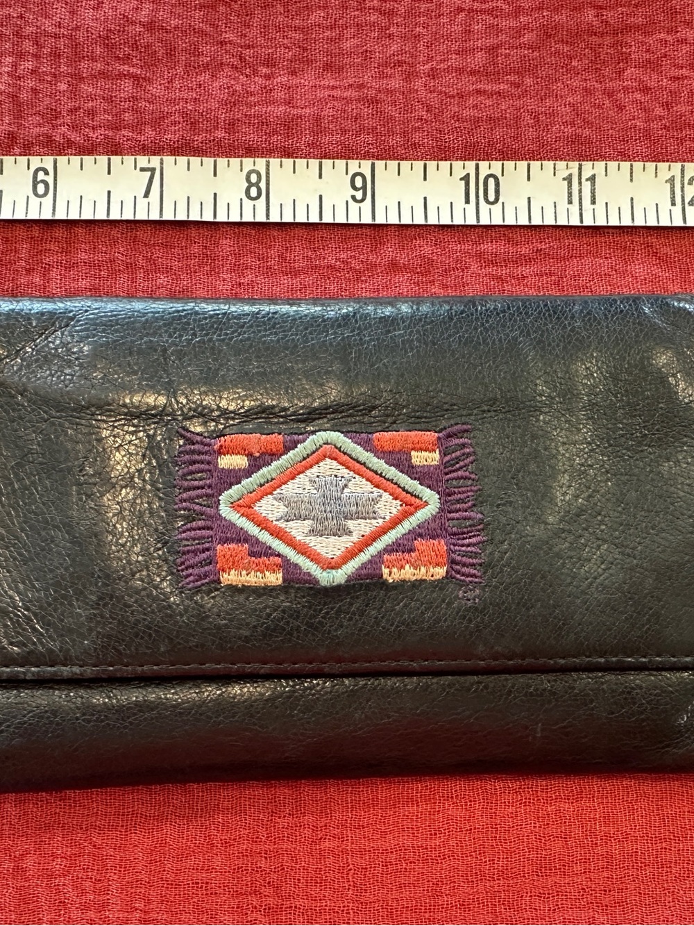 Leather Clutch Wallet with Embroidered Southwestern Accent - Black